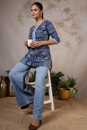Blue Printed Cotton Tunic (AM-HKS1216)