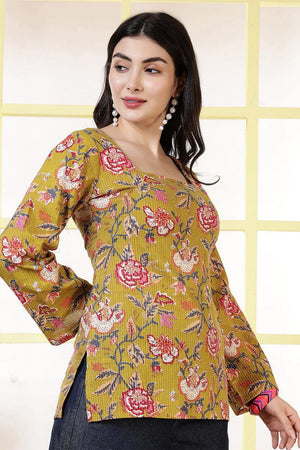 Mustard Printed Cotton Tunic (AM-HKS1226)