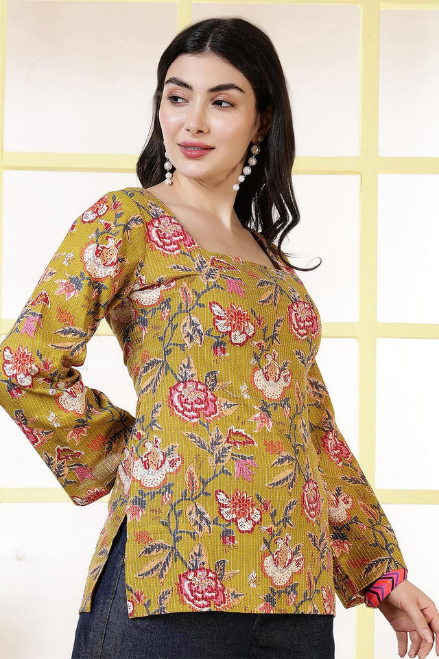 Mustard Printed Cotton Tunic (AM-HKS1226)