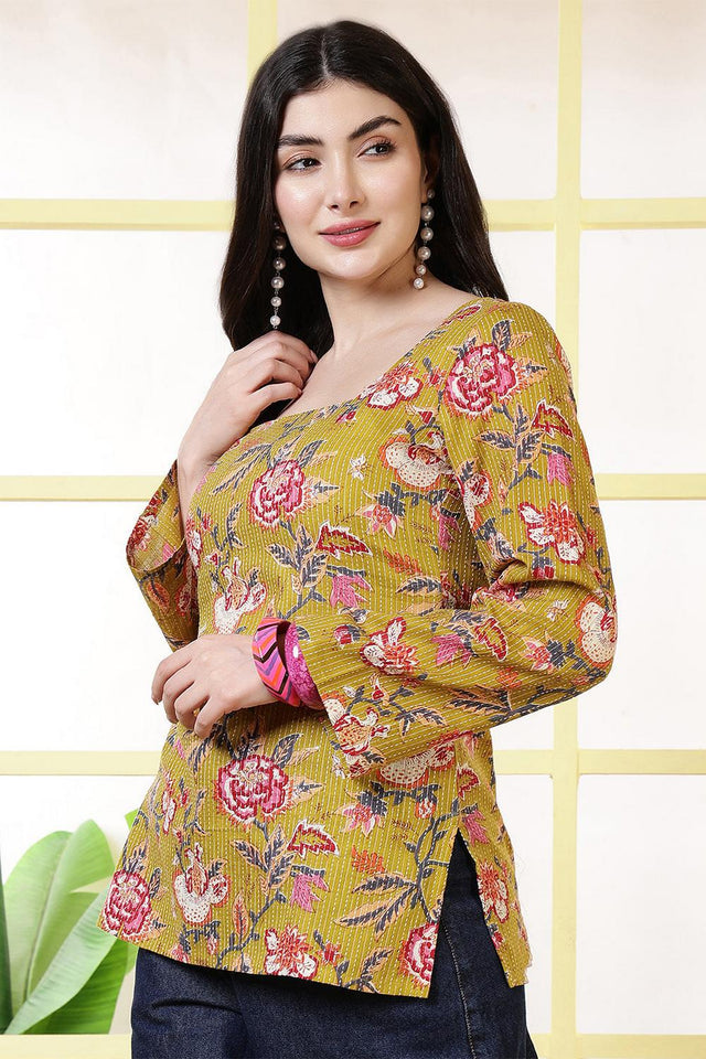 Mustard Printed Cotton Tunic (AM-HKS1226)