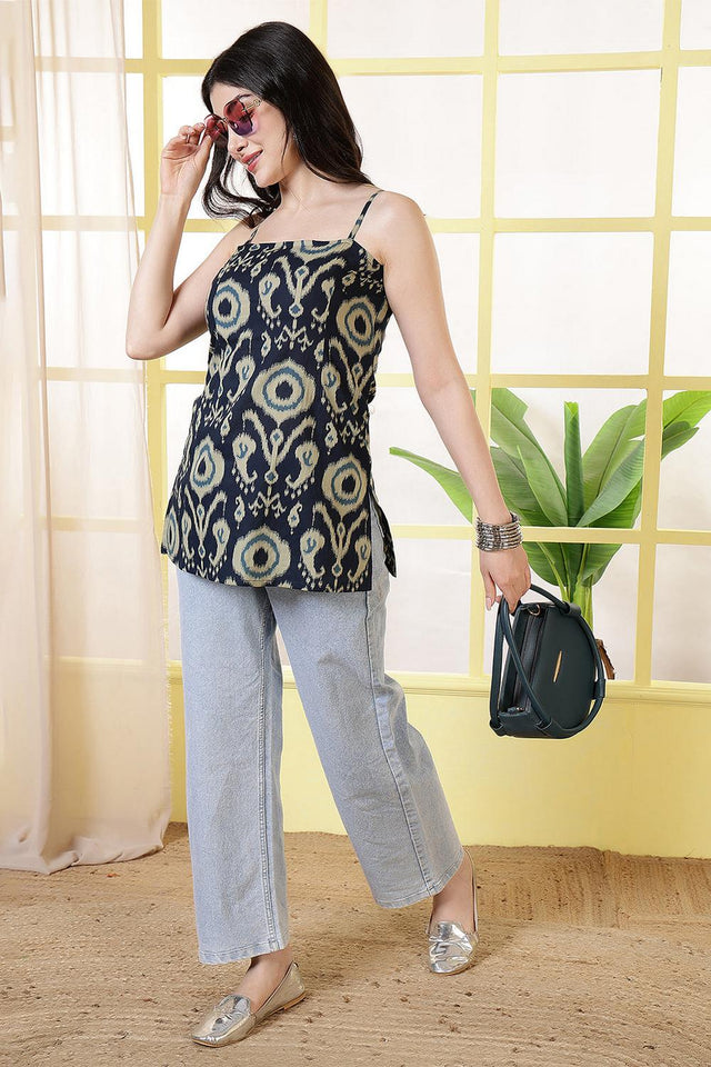 Navy Blue Printed Cotton Tunic (AM-HKS1230)