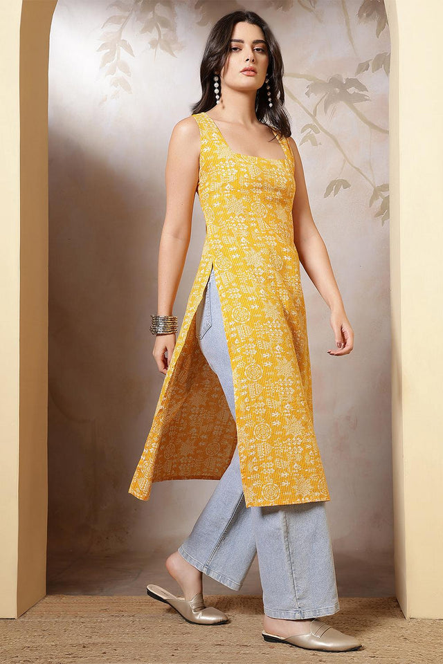 Yellow Printed Cotton Kurti (AM-HKS1252)