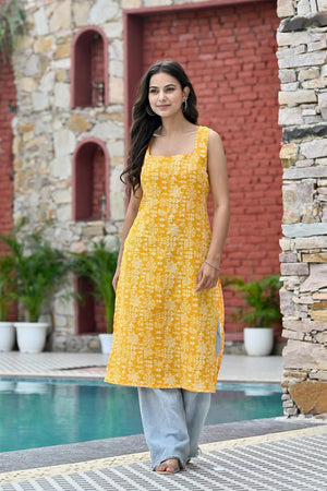 Yellow Printed Cotton Kurti (AM-HKS1252)