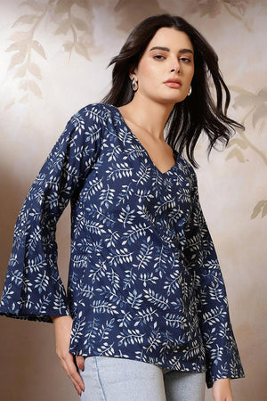 Blue Printed Cotton Tunic (AM-HKS1259)