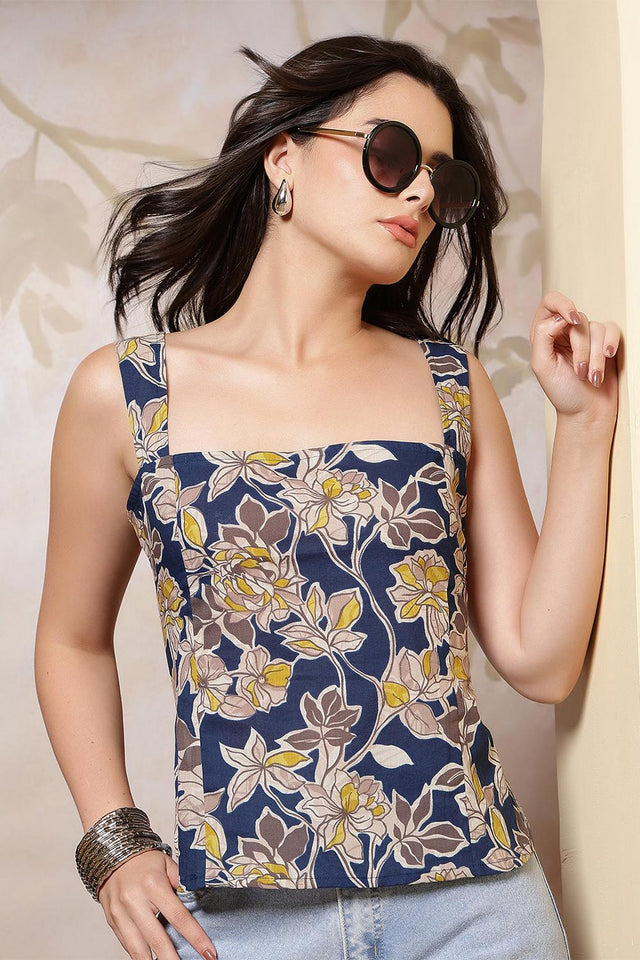 Blue Printed Cotton Top (AM-HKS1260)