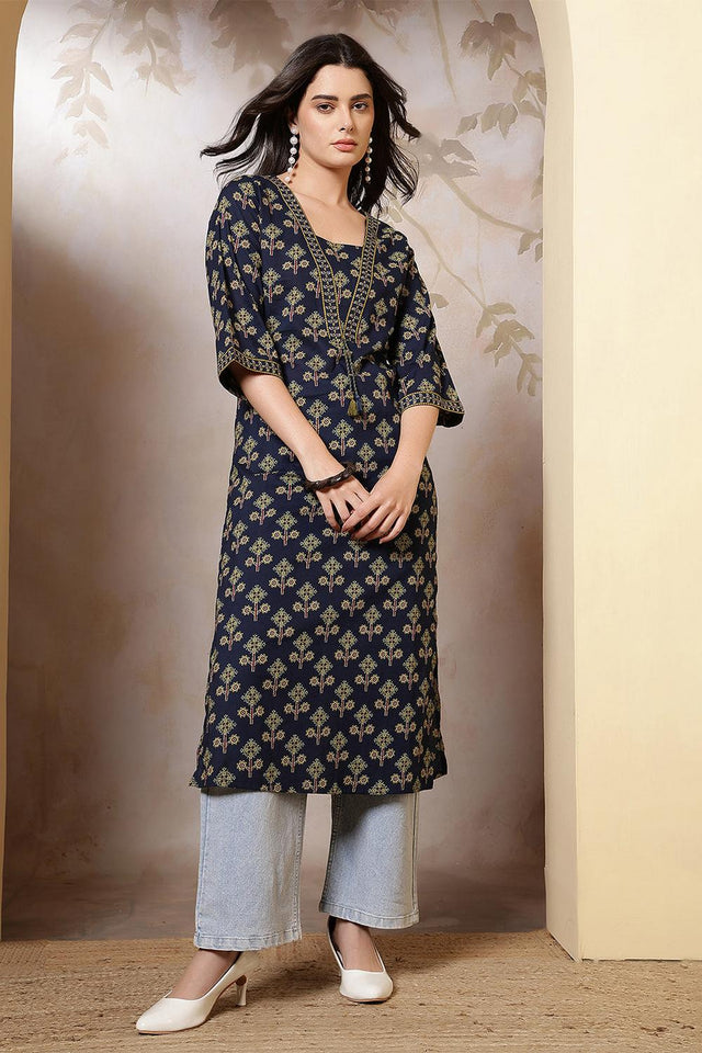 Blue Printed Cotton Kurti (AM-HKS1261)