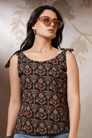 Black Printed Cotton Top (AM-HKS1262)