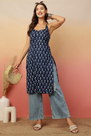 Navy Blue Printed Cotton Kurti (AM-HKS1266)