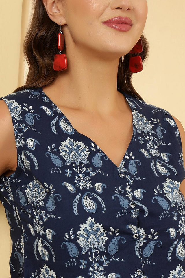 Blue Printed Cotton Top (AM-HKS1268)