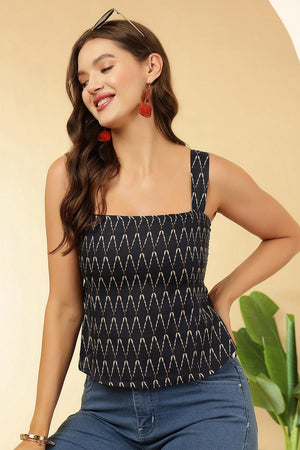 Navy Blue Printed Cotton Top (AM-HKS1271)