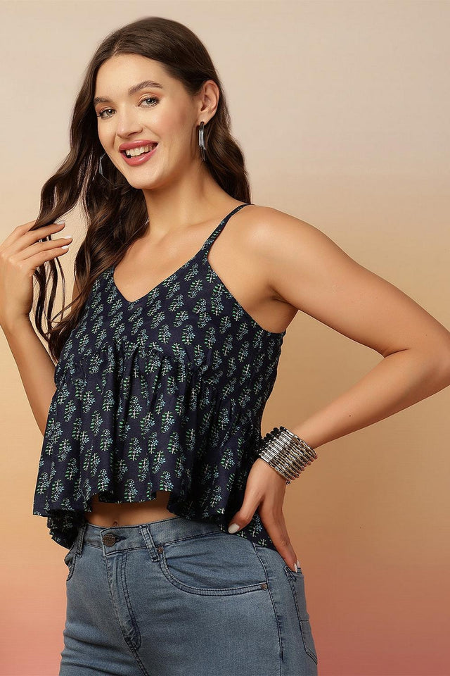 Blue Printed Cotton Top (AM-HKS1276)