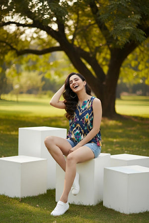 Multi Color Printed Cotton Top (AM-HKS1292)