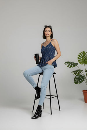 Blue Printed Cotton Top (AM-HKS1295)