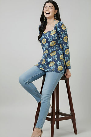 Blue Printed Cotton Tunic (AM-HKS1300)