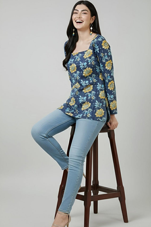 Blue Printed Cotton Tunic (AM-HKS1300)