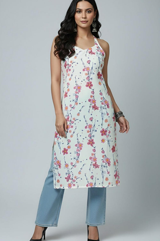 White Printed Cotton Kurti (AM-HKS1301)