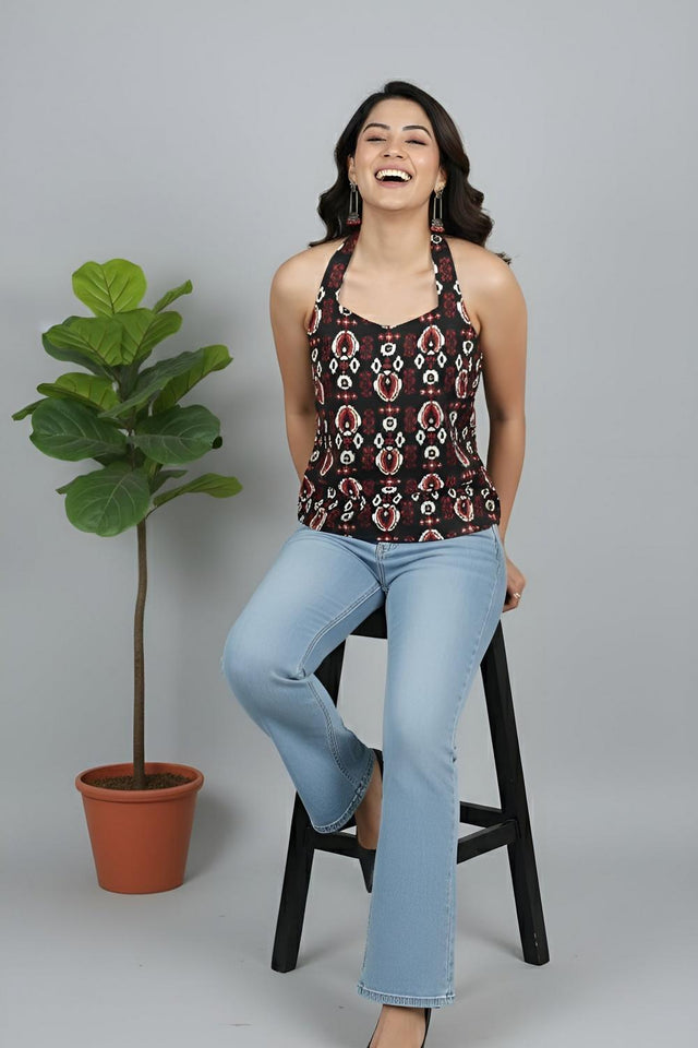 Black Printed Cotton Top (AM-HKS1303)