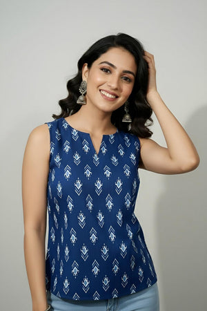 Blue Printed Cotton Top (AM-HKS1305)