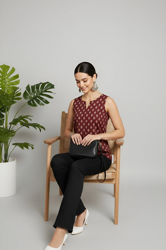 Maroon Printed Cotton Top (AM-HKS1306)