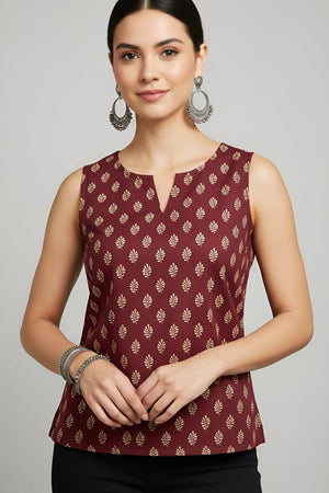 Maroon Printed Cotton Top (AM-HKS1306)