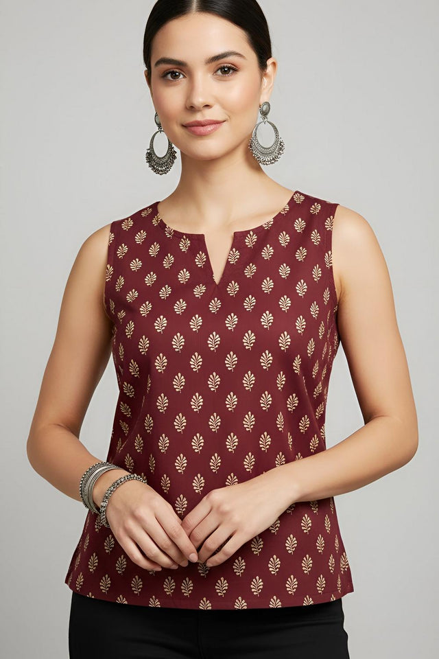 Maroon Printed Cotton Top (AM-HKS1306)
