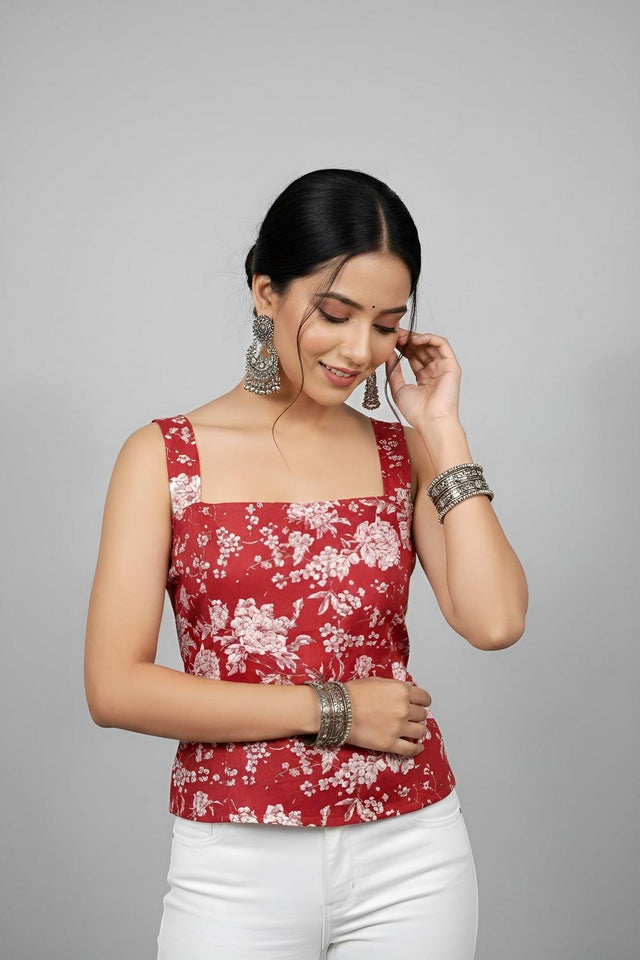 Red Printed Cotton Top (AM-HKS1307)