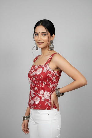 Red Printed Cotton Top (AM-HKS1307)