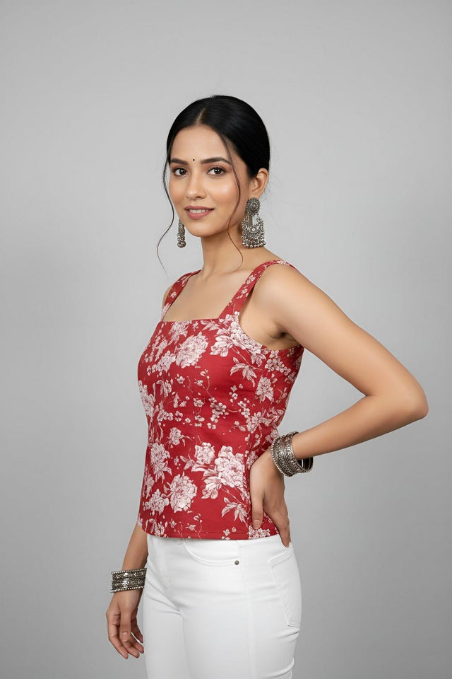 Red Printed Cotton Top (AM-HKS1307)