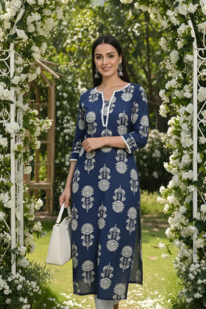 Blue Printed Cotton Kurti (AM-HKS1313)