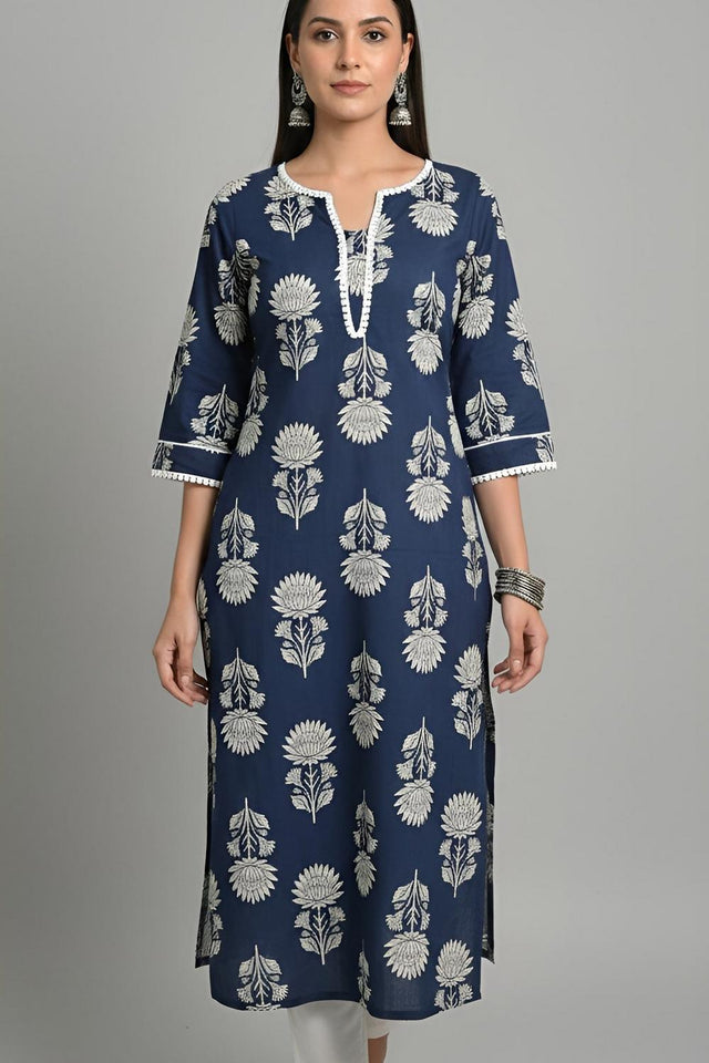 Blue Printed Cotton Kurti (AM-HKS1313)