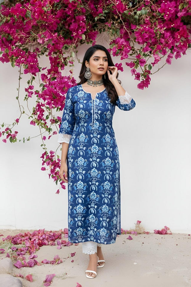 Blue Printed Cotton Kurti (AM-HKS1319)