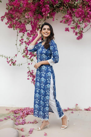 Blue Printed Cotton Kurti (AM-HKS1319)
