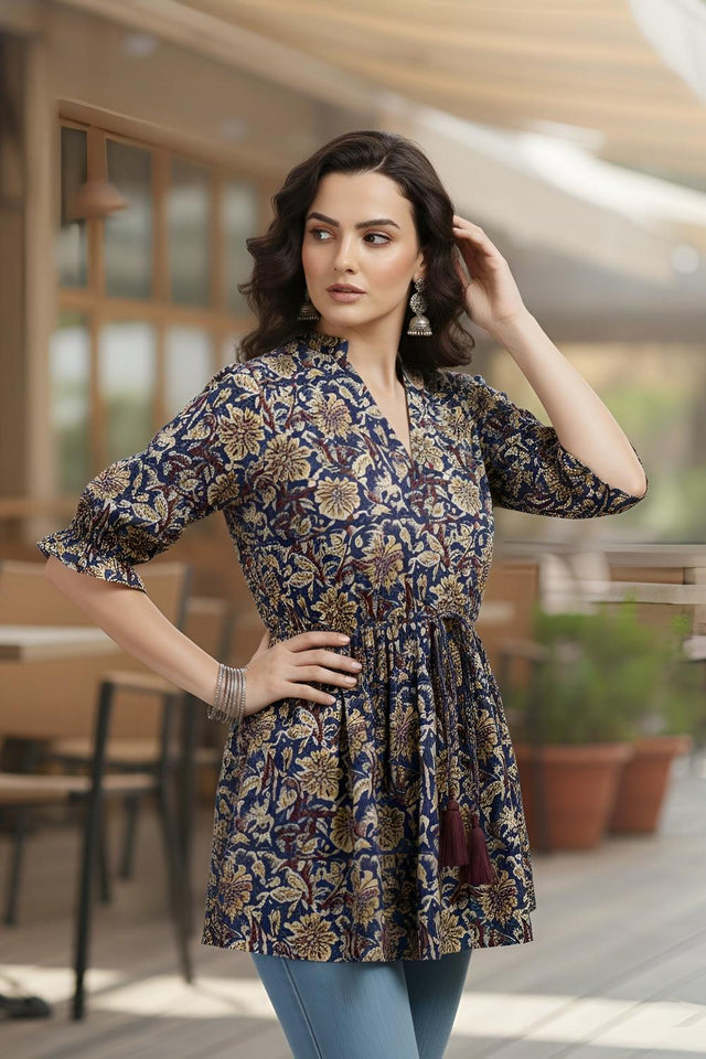 Blue Printed Cotton Tunic (AM-HKS1326)