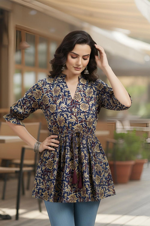 Blue Printed Cotton Tunic (AM-HKS1326)