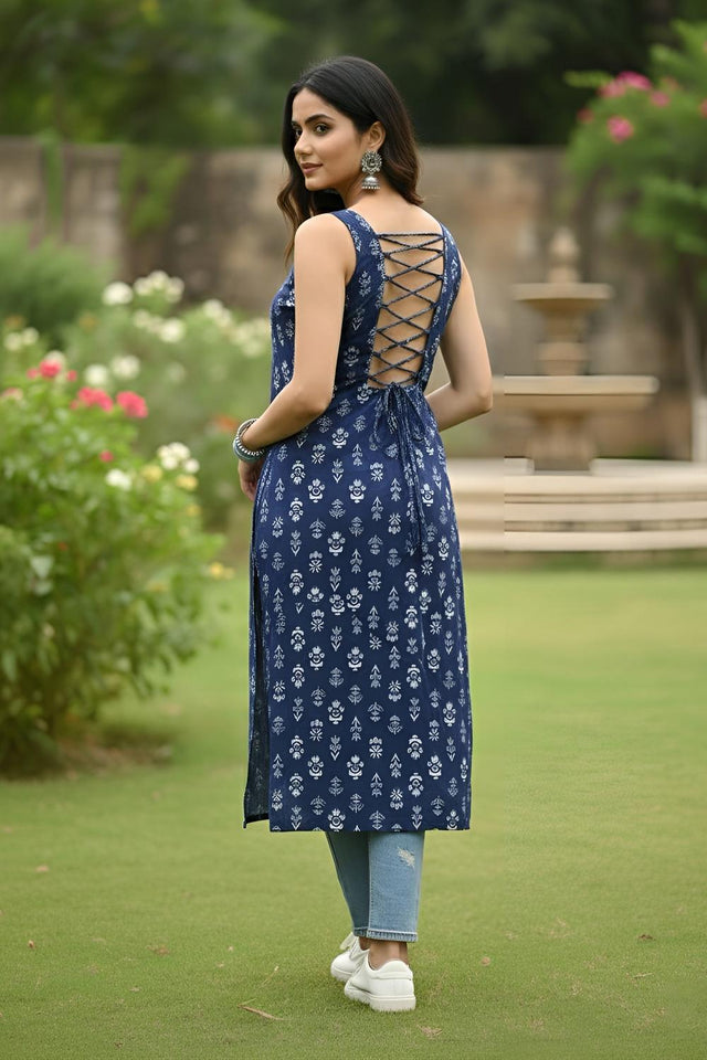 Blue Printed Cotton Kurti (AM-HKS1330)