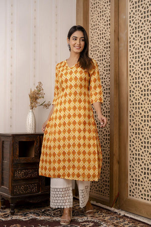 Yellow Printed Cotton Blend Kurti (AM-JSR0019)