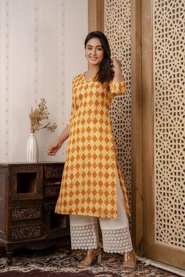 Yellow Printed Cotton Blend Kurti (AM-JSR0019)