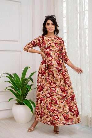 Maroon Printed Cotton Blend Dress (AM-JSR0070)