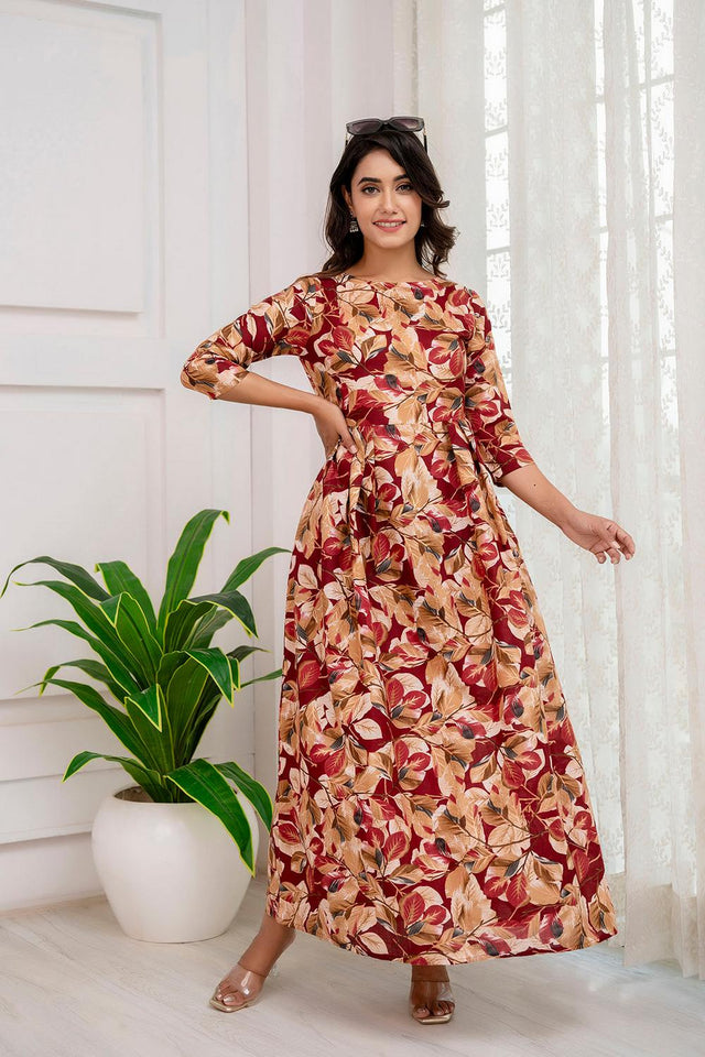 Maroon Printed Cotton Blend Dress (AM-JSR0070)