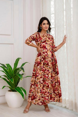 Maroon Printed Cotton Blend Dress (AM-JSR0070)