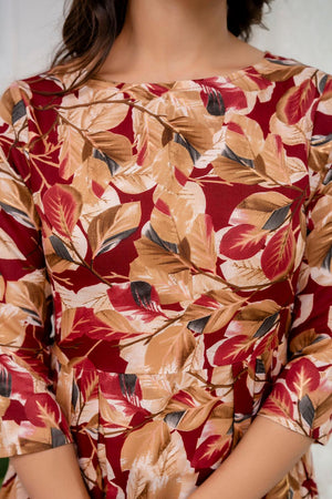 Maroon Printed Cotton Blend Dress (AM-JSR0070)