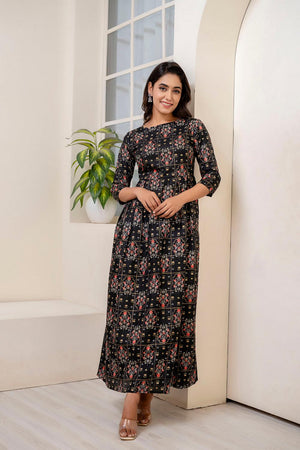 Black Printed Cotton Blend Dress (AM-JSR0071)