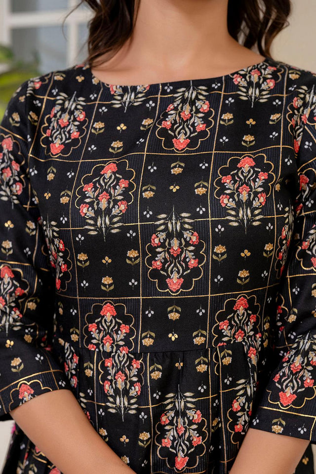 Black Printed Cotton Blend Dress (AM-JSR0071)