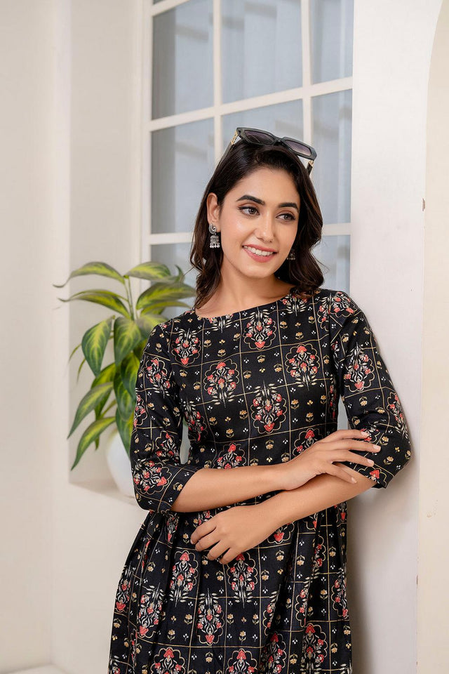 Black Printed Cotton Blend Dress (AM-JSR0071)