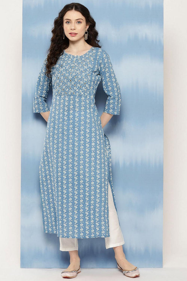 Blue Floral Printed Cotton Kurti (AM-JSS0079)