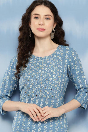 Blue Floral Printed Cotton Kurti (AM-JSS0079)