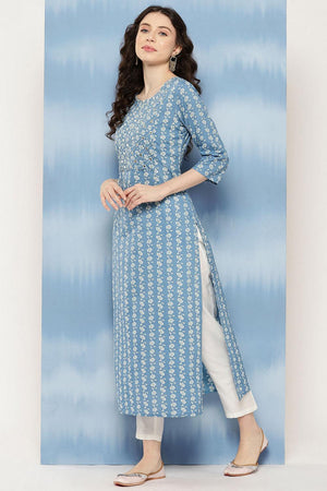 Blue Floral Printed Cotton Kurti (AM-JSS0079)
