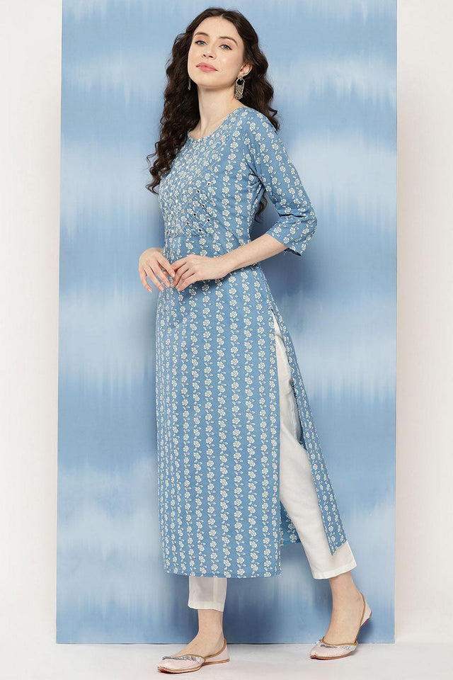 Blue Floral Printed Cotton Kurti (AM-JSS0079)