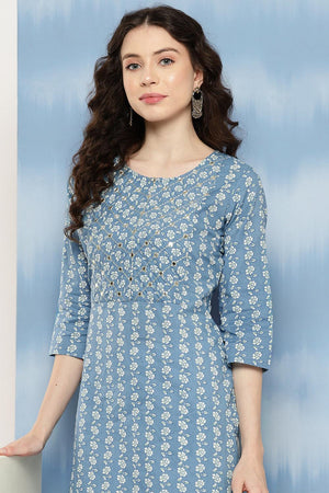 Blue Floral Printed Cotton Kurti (AM-JSS0079)