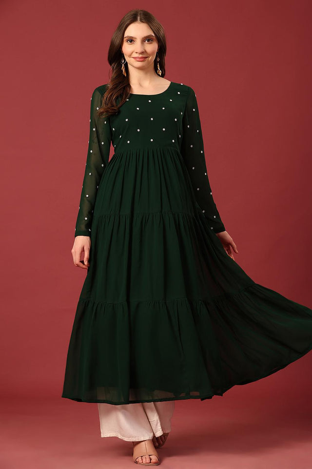 Dark Green Embroidered Georgette Kurti (AM-P-470-Green)
